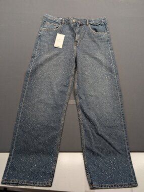 Zara Rhinestone Straight-Leg Jeans Size 42 Blue Crystal NWT